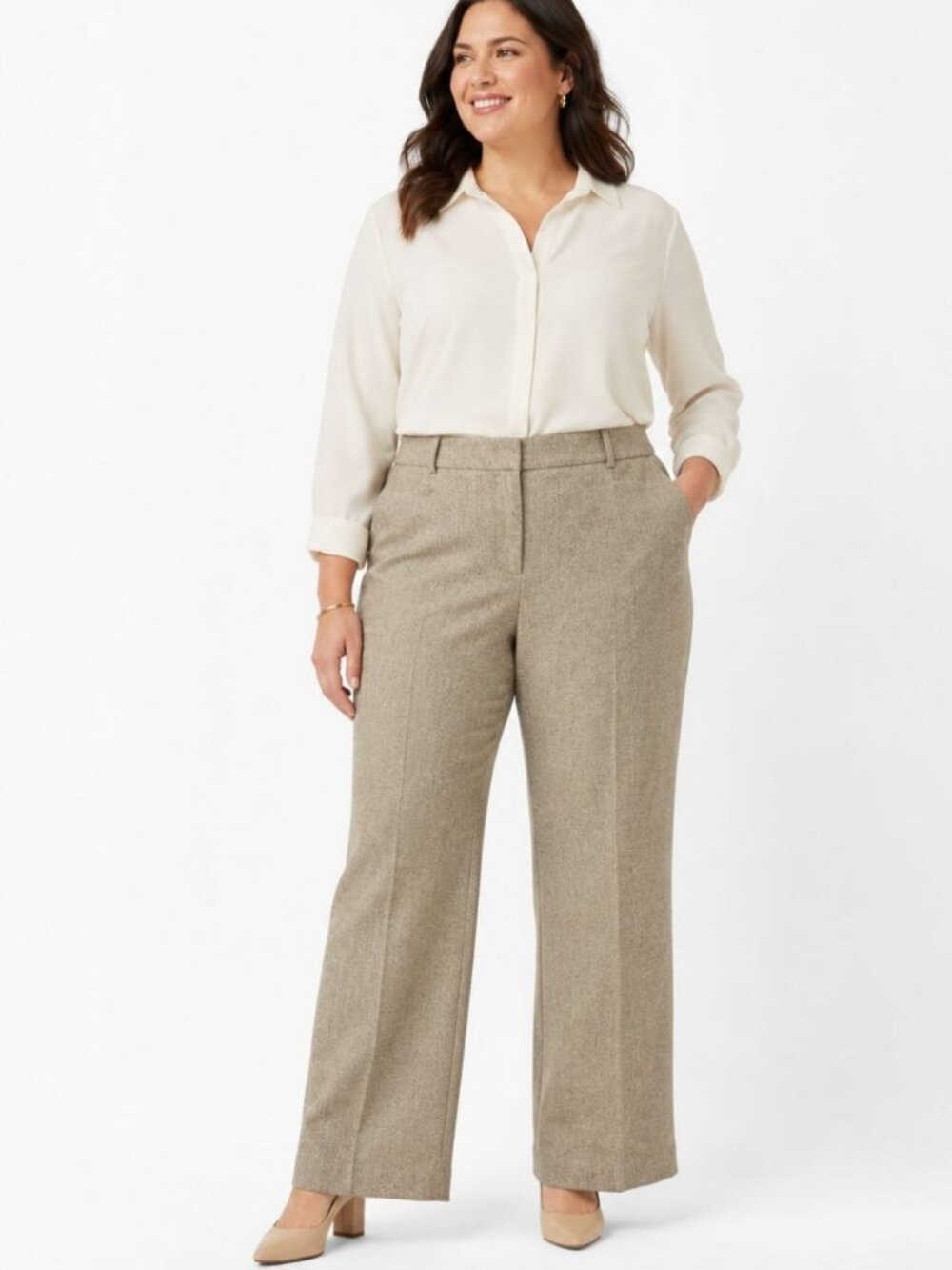 NEW Talbots Womens Wool Silk Dress Pants Metallic Beige Tweed Wide Leg Size 18